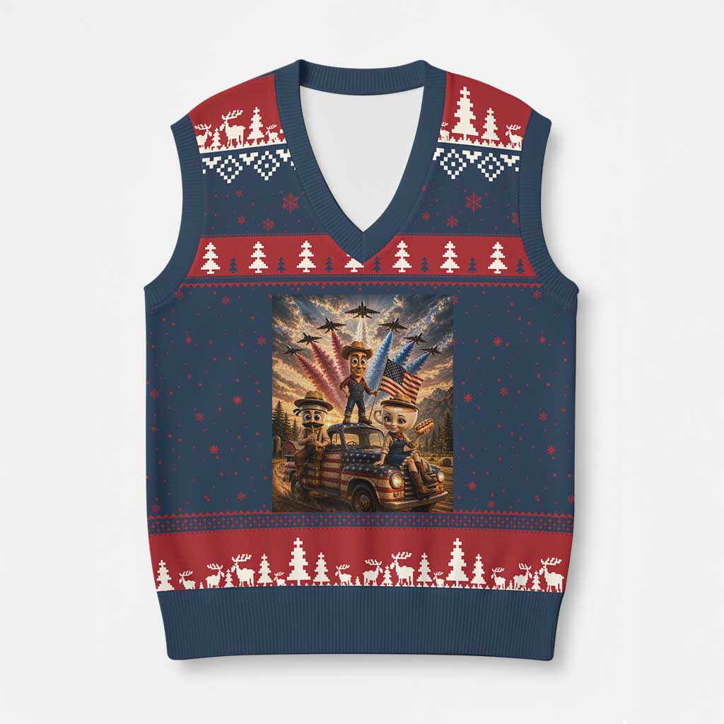Patriotic Italian Brainrot Farmer Meme V-Neck Knit Sweater Vest Funny USA Freedom Jet Fighter Graphic