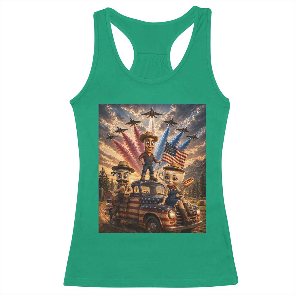 Patriotic Italian Brainrot Farmer Meme Racerback Tank Top Funny USA Freedom Jet Fighter Graphic