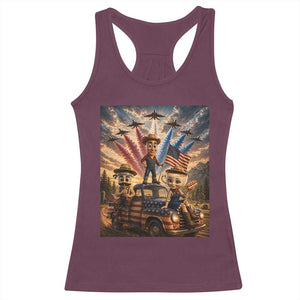 Patriotic Italian Brainrot Farmer Meme Racerback Tank Top Funny USA Freedom Jet Fighter Graphic