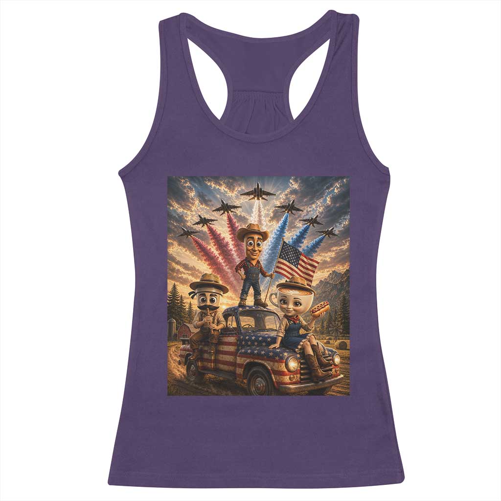 Patriotic Italian Brainrot Farmer Meme Racerback Tank Top Funny USA Freedom Jet Fighter Graphic
