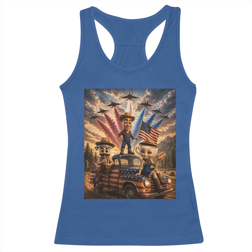 Patriotic Italian Brainrot Farmer Meme Racerback Tank Top Funny USA Freedom Jet Fighter Graphic
