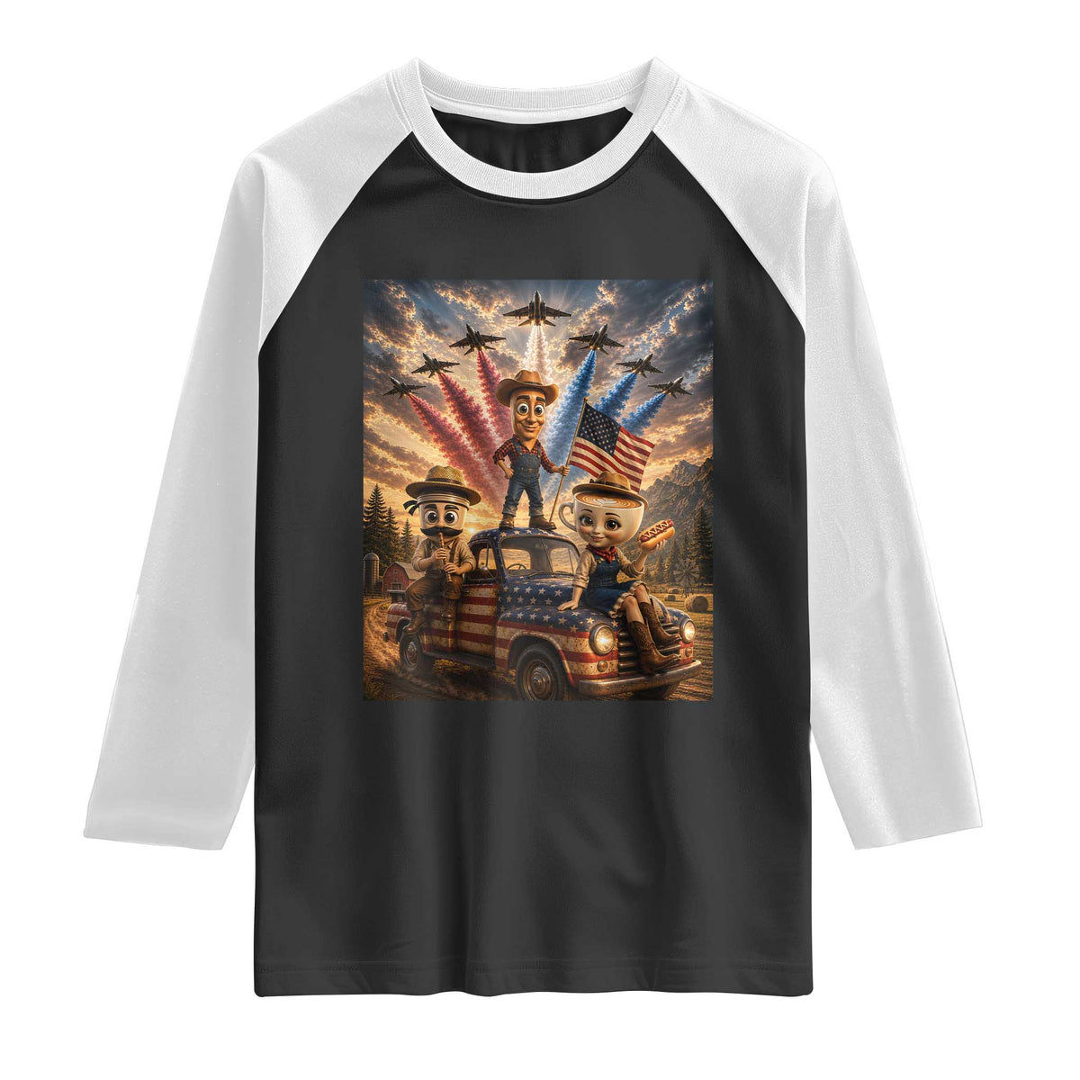 Patriotic Italian Brainrot Farmer Meme Raglan Shirt Funny USA Freedom Jet Fighter Graphic