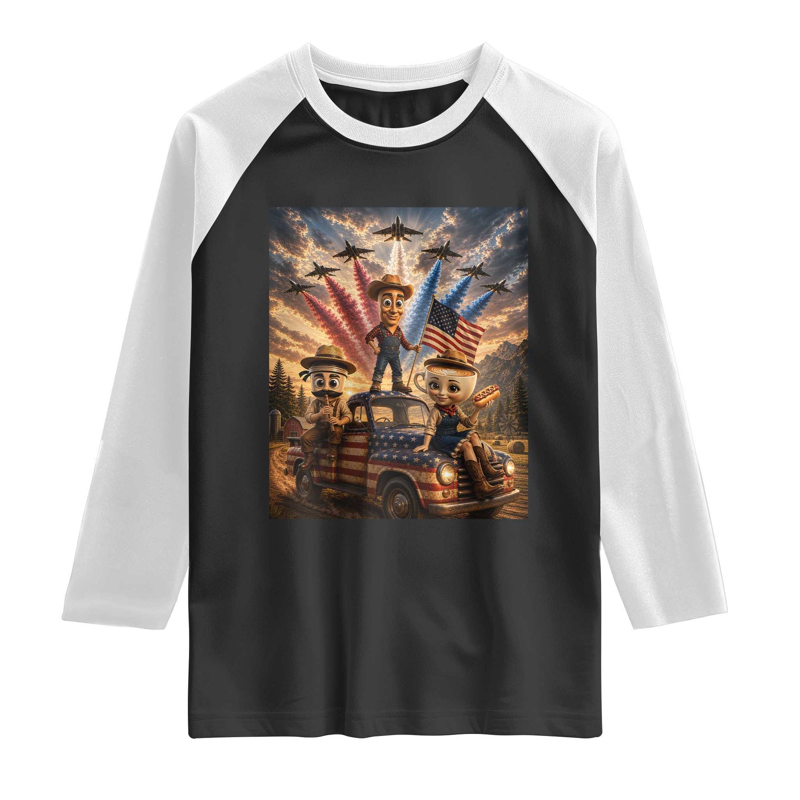 Patriotic Italian Brainrot Farmer Meme Raglan Shirt Funny USA Freedom Jet Fighter Graphic TS12 Black White Print Your Wear