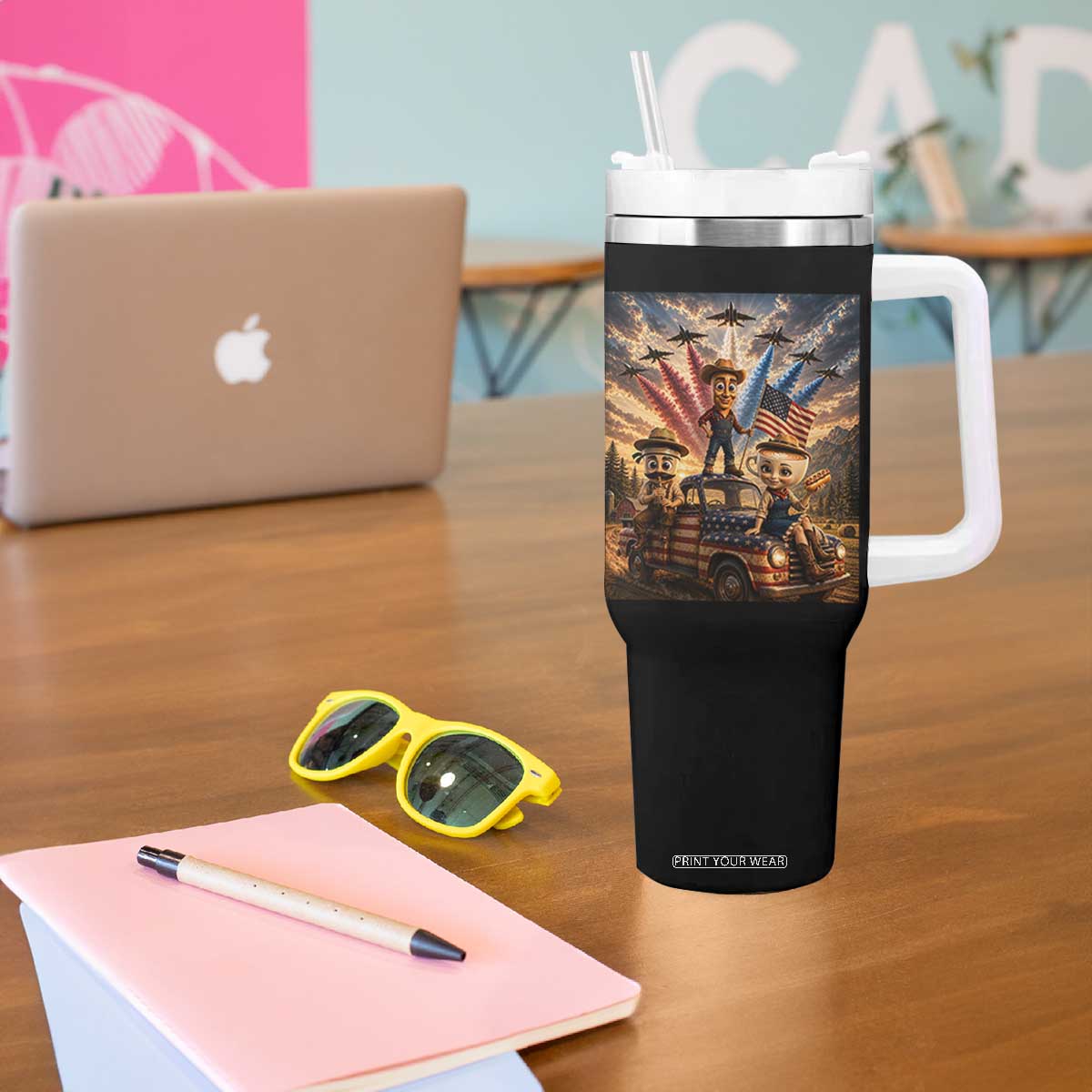 Patriotic Italian Brainrot Farmer Meme Tumbler With Handle Funny USA Freedom Jet Fighter Graphic