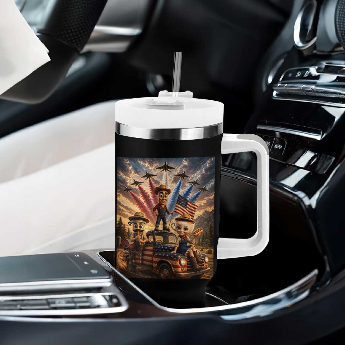 Patriotic Italian Brainrot Farmer Meme Tumbler With Handle Funny USA Freedom Jet Fighter Graphic