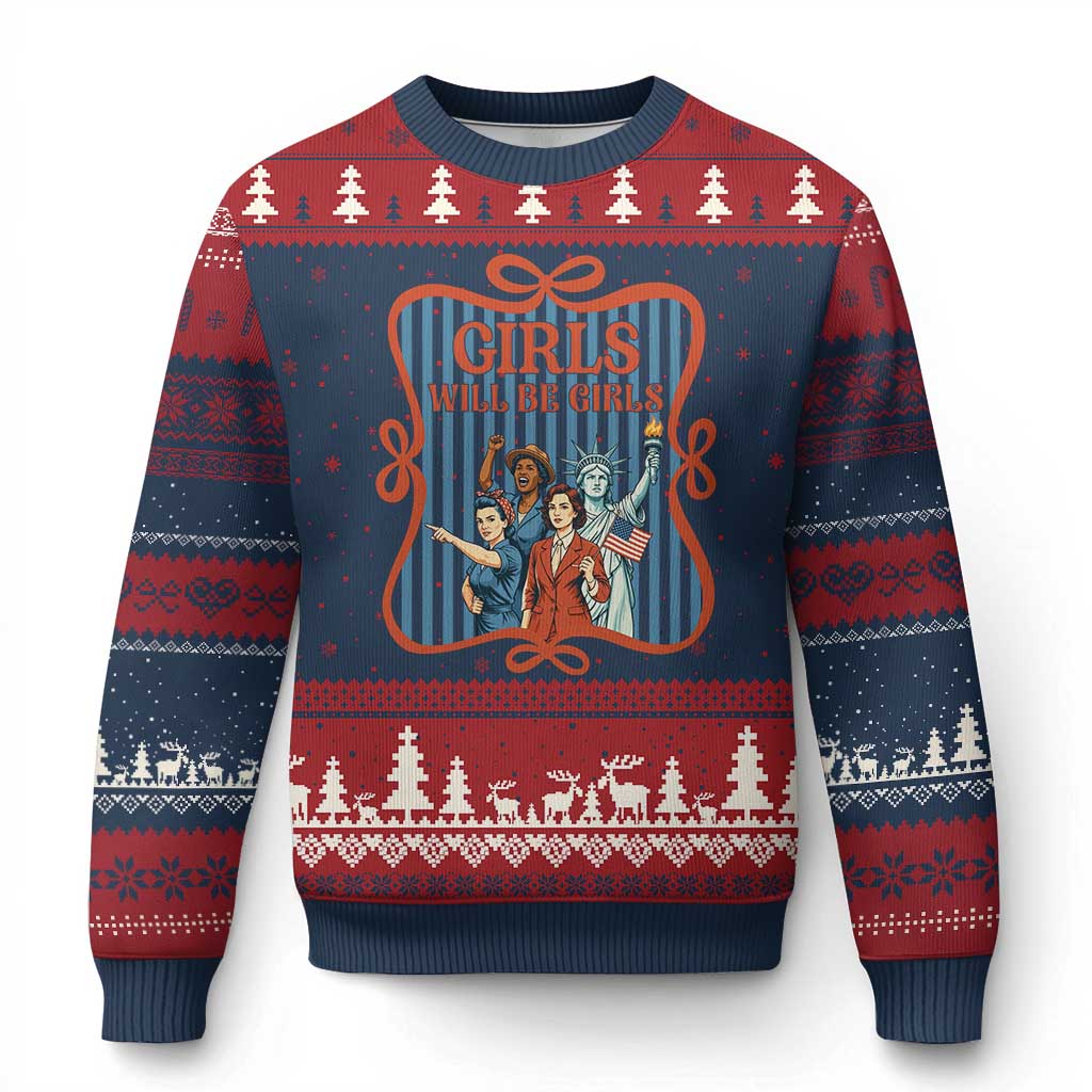 Red White Blue Feminist Pride Ugly Christmas Sweater Girls Will Be Girls