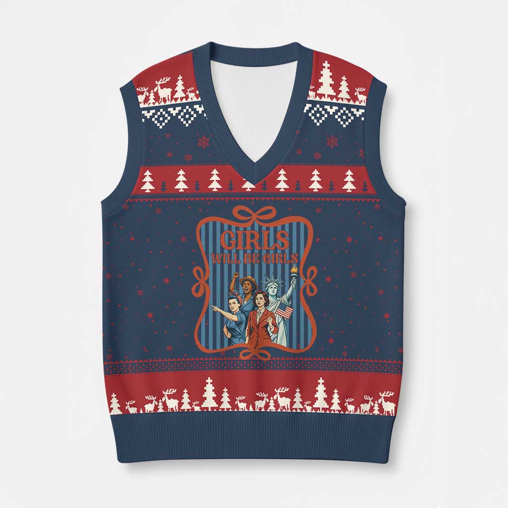 Red White Blue Feminist Pride V-Neck Knit Sweater Vest Girls Will Be Girls TS12 Navy Red Print Your Wear
