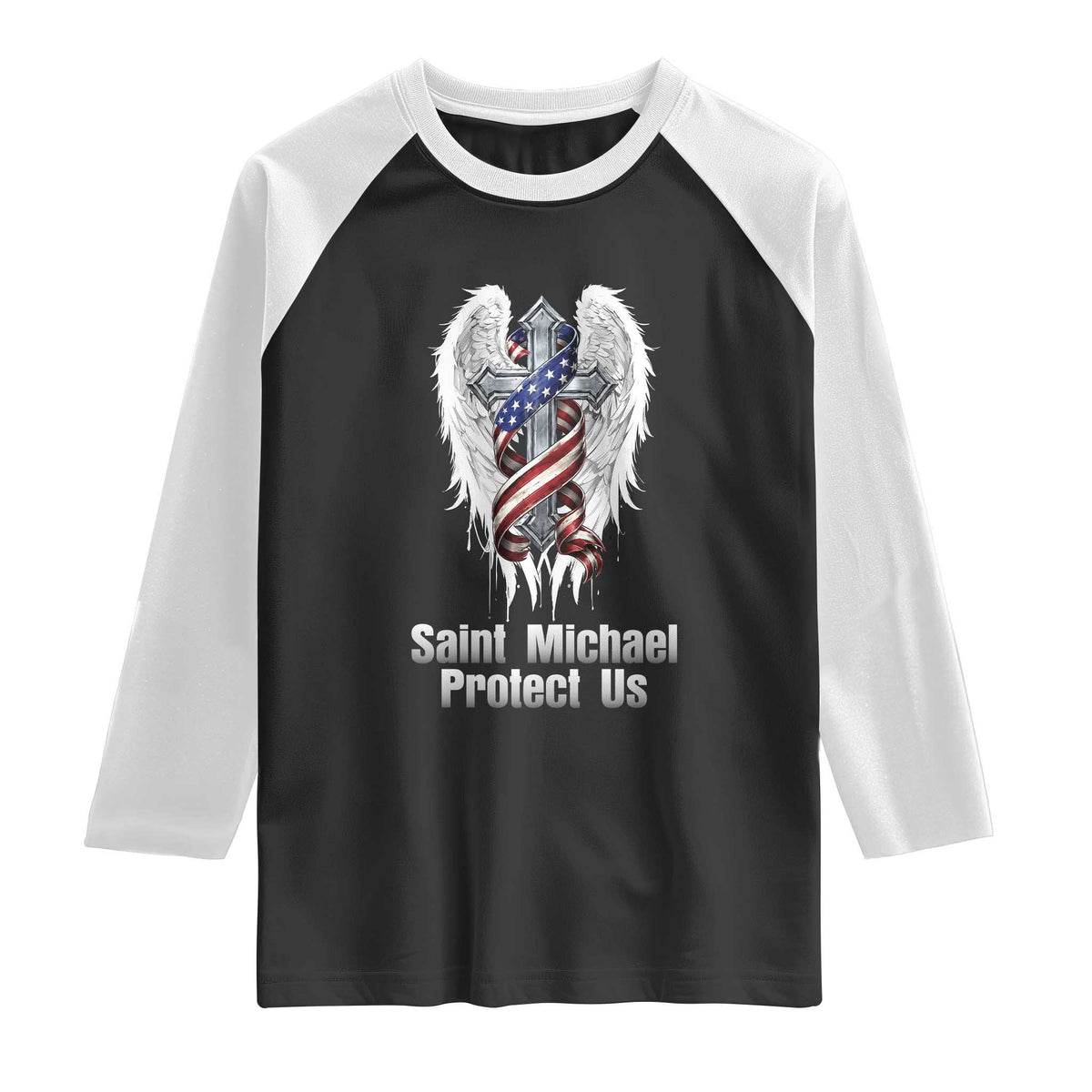 Saint Michael Protect Us American Christian Heritage Raglan Shirt Catholic Faith Gift TS12 Black White Print Your Wear