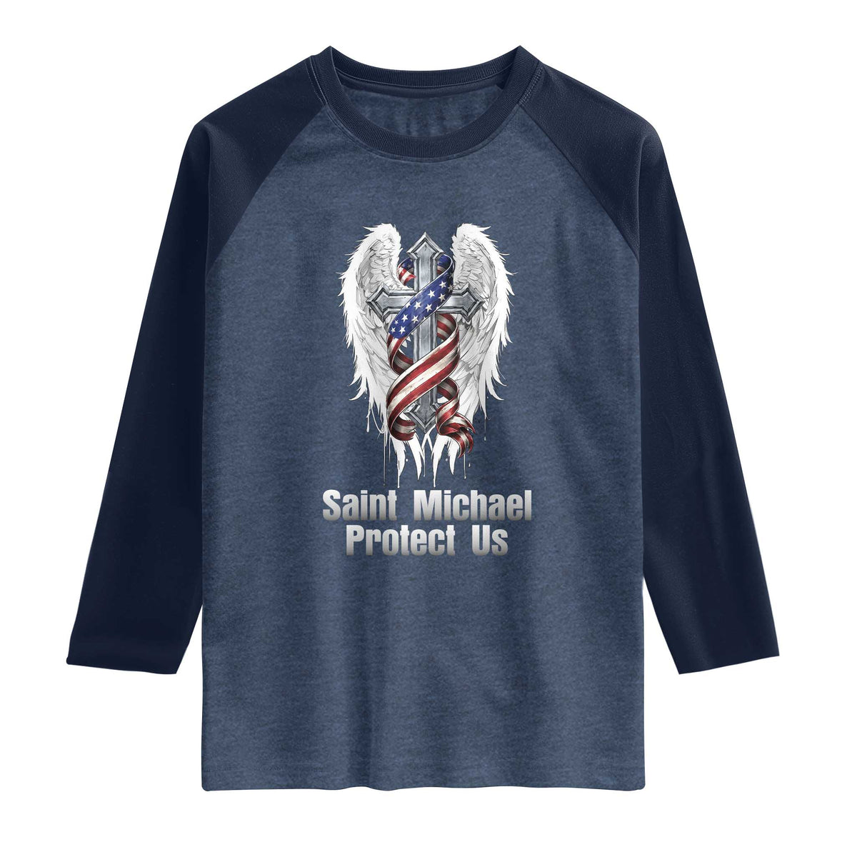 Saint Michael Protect Us American Christian Heritage Raglan Shirt Catholic Faith Gift TS12 Heather Denim Navy Print Your Wear
