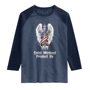 Saint Michael Protect Us American Christian Heritage Raglan Shirt Catholic Faith Gift TS12 Heather Denim Navy Print Your Wear