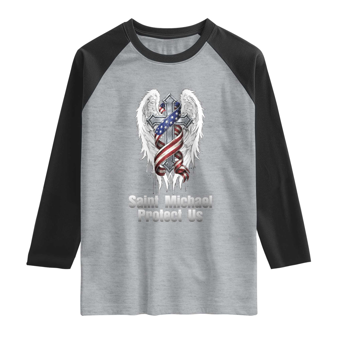 Saint Michael Protect Us American Christian Heritage Raglan Shirt Catholic Faith Gift TS12 Heather Gray Black Print Your Wear