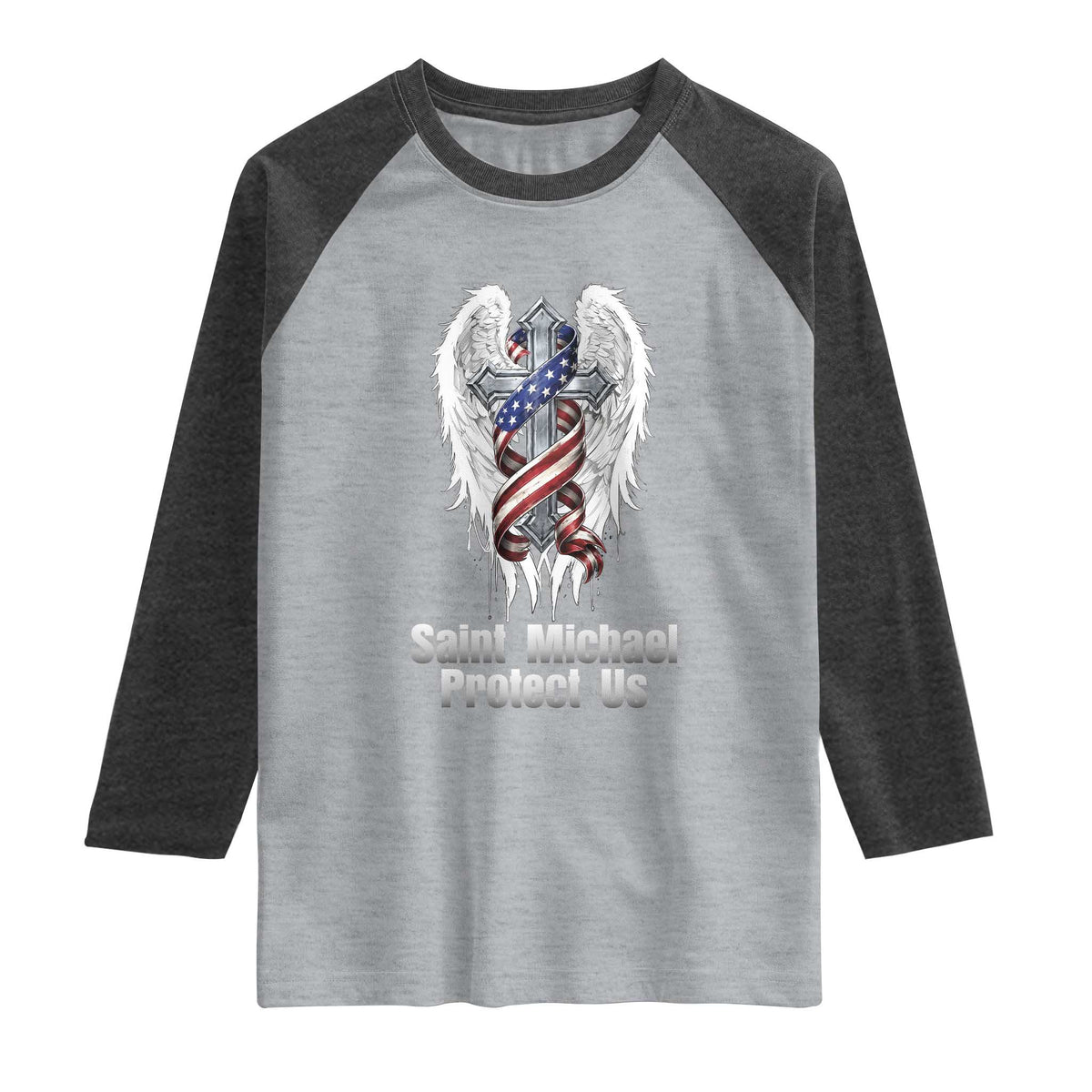 Saint Michael Protect Us American Christian Heritage Raglan Shirt Catholic Faith Gift TS12 Heather Gray Heather Charcoal Print Your Wear