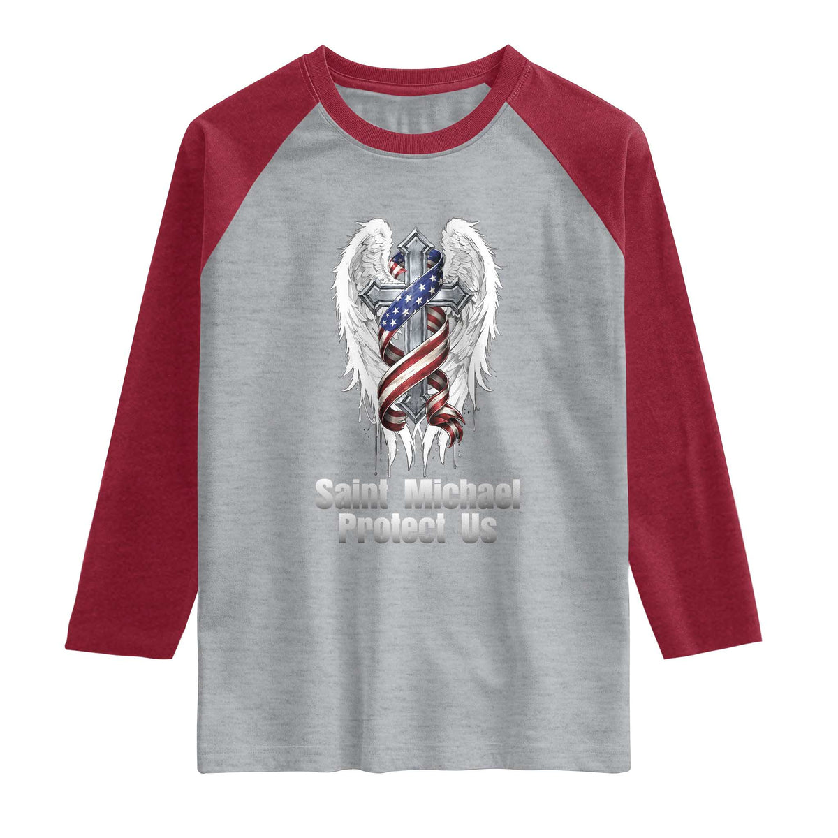 Saint Michael Protect Us American Christian Heritage Raglan Shirt Catholic Faith Gift TS12 Heather Gray Heather Red Print Your Wear