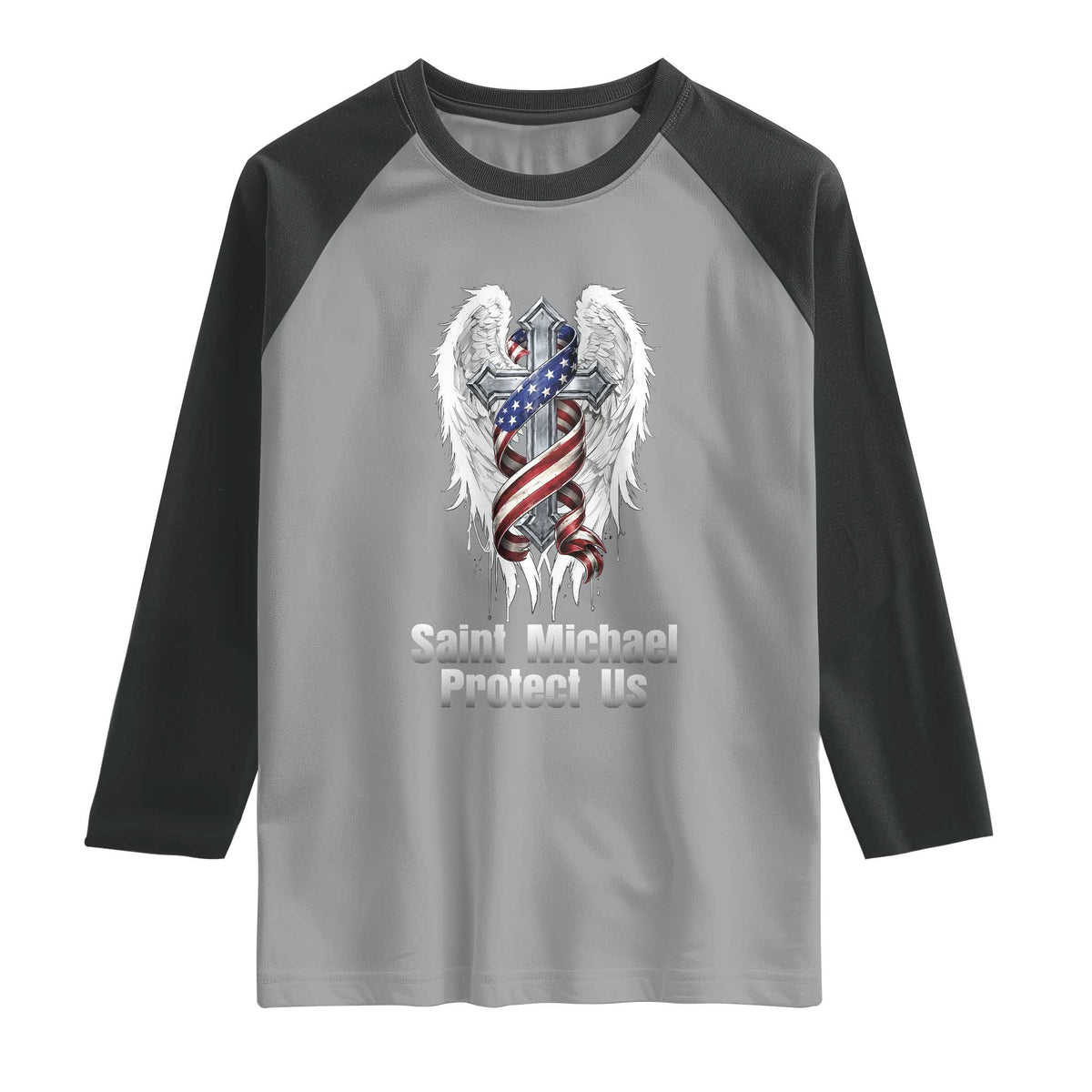 Saint Michael Protect Us American Christian Heritage Raglan Shirt Catholic Faith Gift TS12 Sport Gray Black Print Your Wear