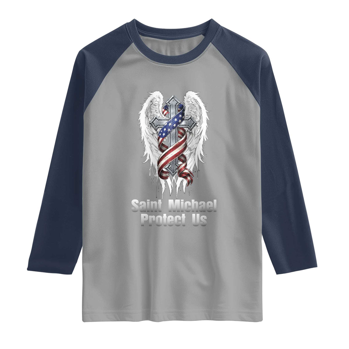Saint Michael Protect Us American Christian Heritage Raglan Shirt Catholic Faith Gift TS12 Sport Gray Navy Print Your Wear