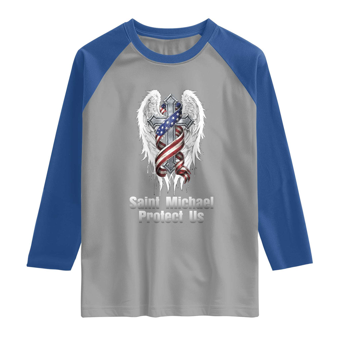 Saint Michael Protect Us American Christian Heritage Raglan Shirt Catholic Faith Gift TS12 Sport Gray Royal Print Your Wear