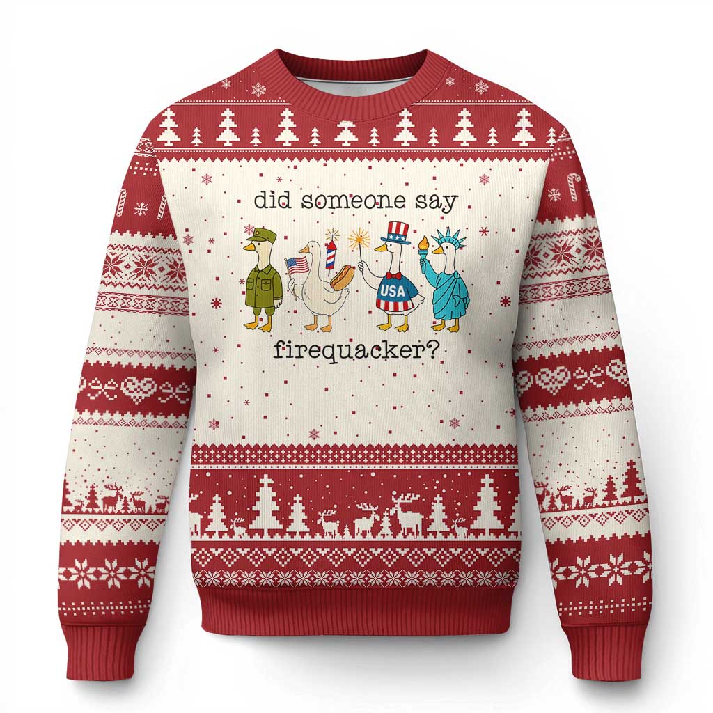 Funny Duck 4th Of July Ugly Christmas Sweater Did Someone Say Firequacker