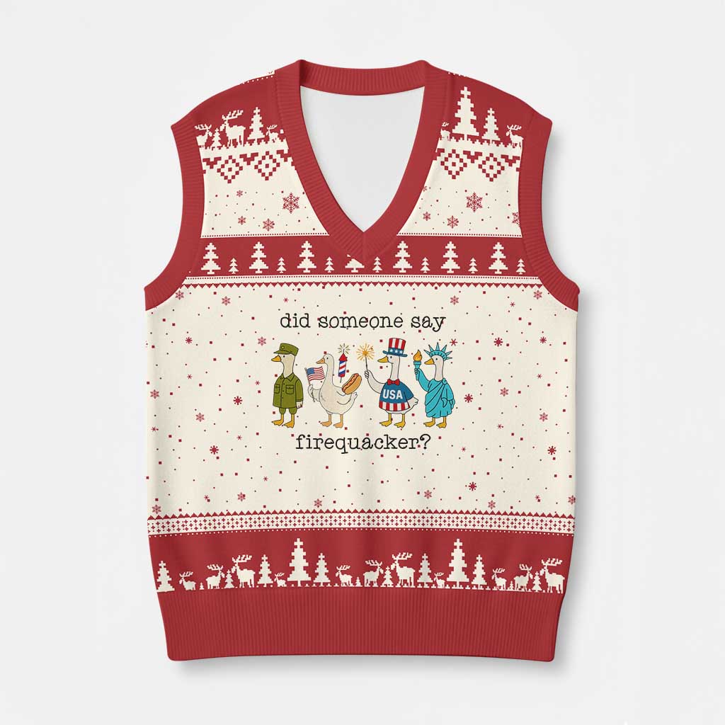 Funny Duck 4th Of July V-Neck Knit Sweater Vest Did Someone Say Firequacker TS12 Beige Red Print Your Wear