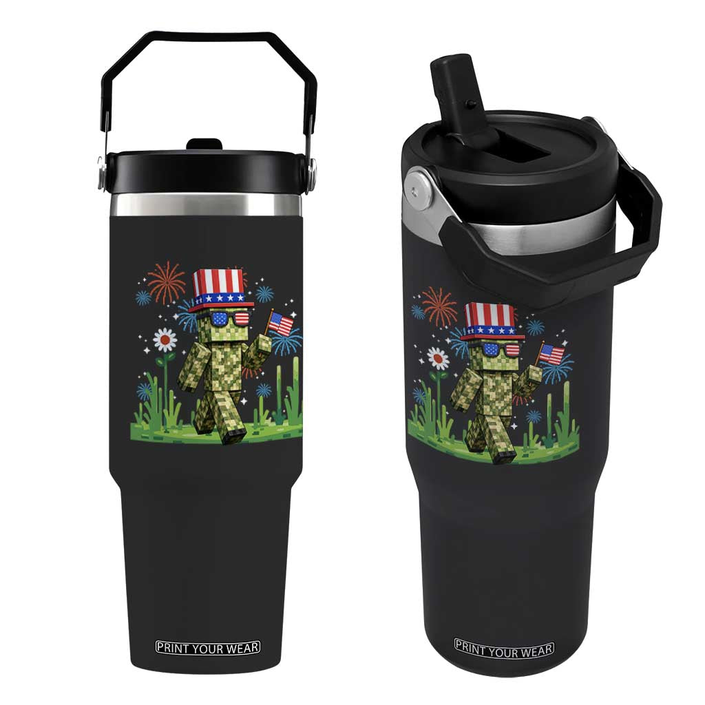 4th Of July Gamer Flip Straw Tumbler Pixel Art US Flag Gaming