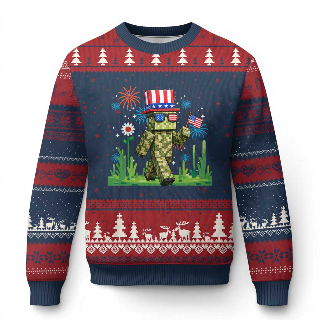 4th Of July Gamer Ugly Christmas Sweater Pixel Art US Flag Gaming