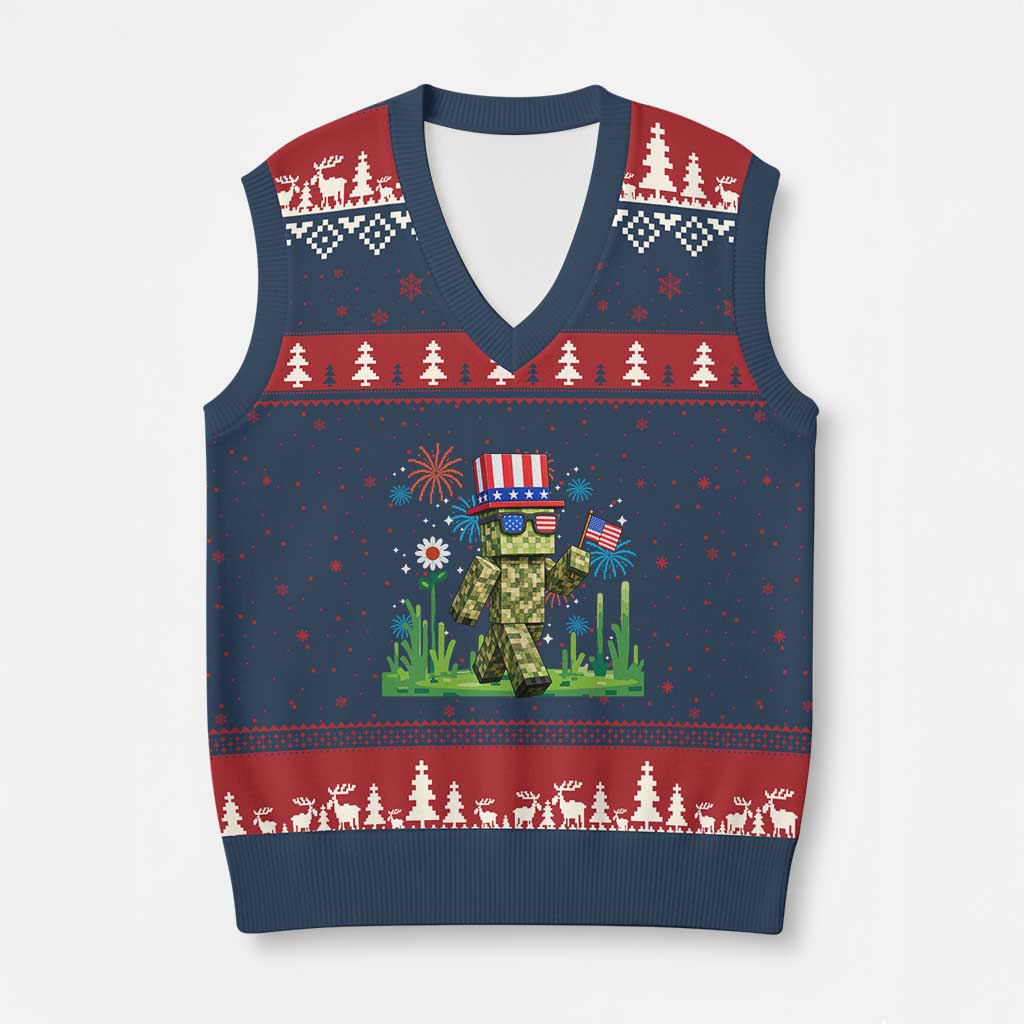 4th Of July Gamer V-Neck Knit Sweater Vest Pixel Art US Flag Gaming TS12 Navy Red Print Your Wear