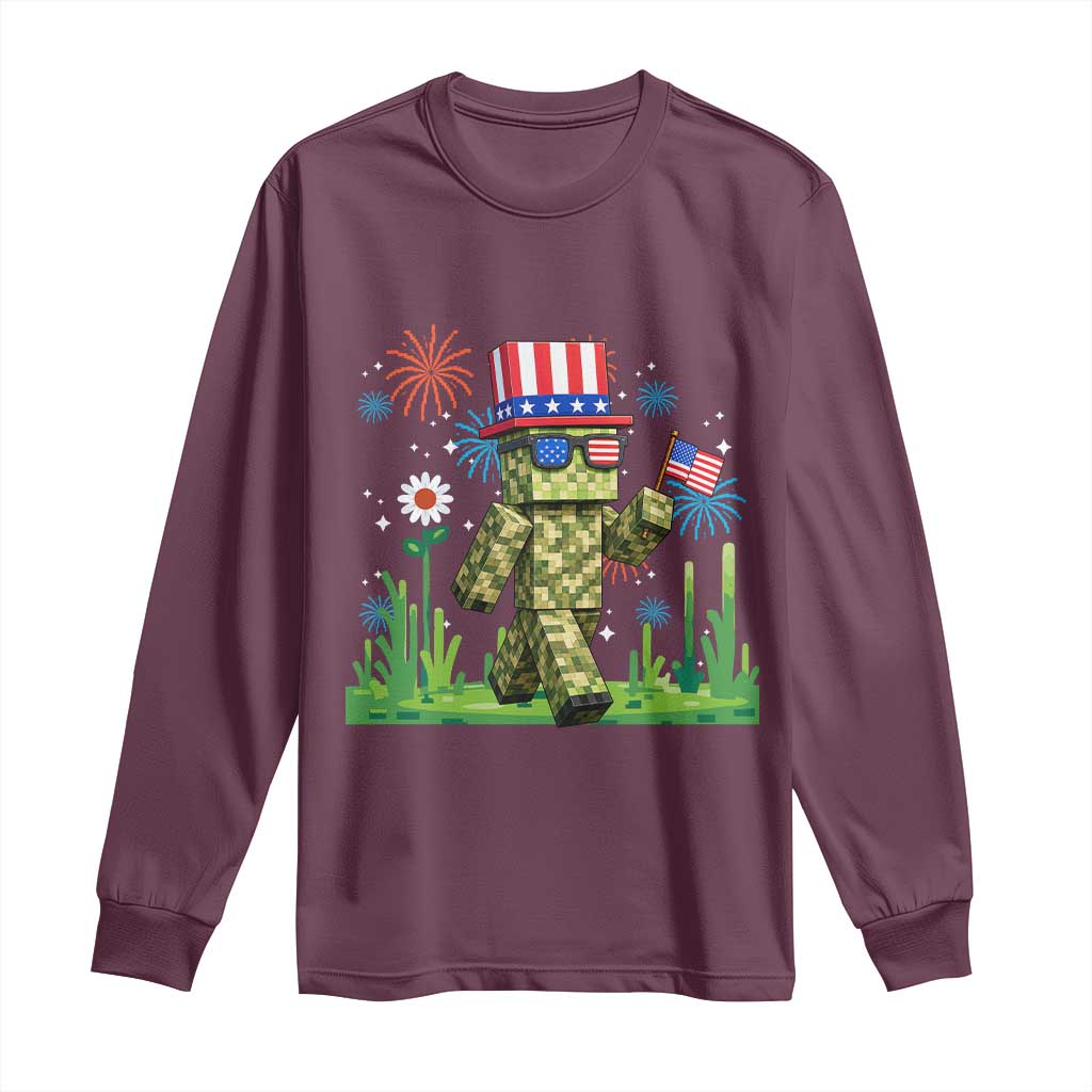 4th Of July Gamer Long Sleeve Shirt Pixel Art US Flag Gaming
