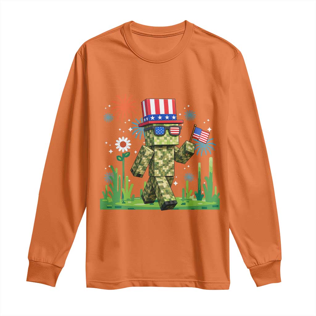 4th Of July Gamer Long Sleeve Shirt Pixel Art US Flag Gaming