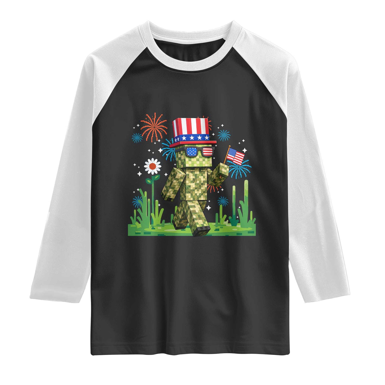 4th Of July Gamer Raglan Shirt Pixel Art US Flag Gaming TS12 Black White Print Your Wear