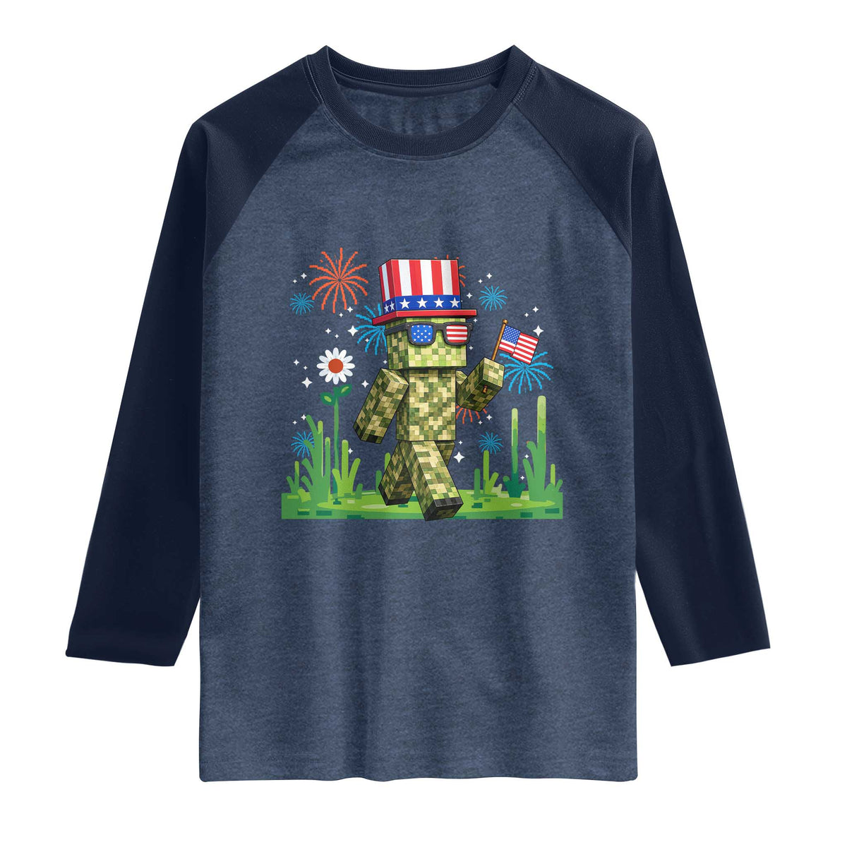 4th Of July Gamer Raglan Shirt Pixel Art US Flag Gaming