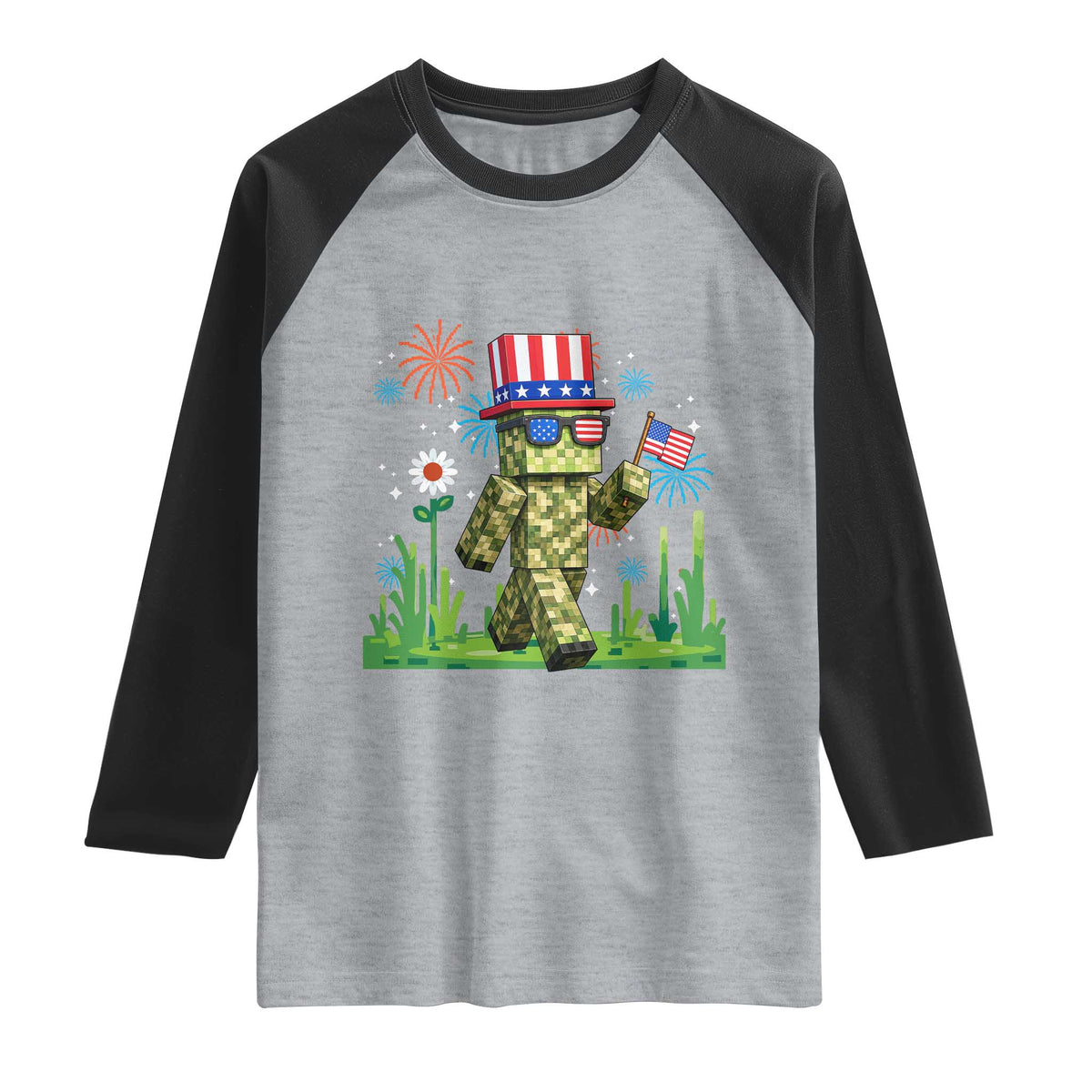 4th Of July Gamer Raglan Shirt Pixel Art US Flag Gaming
