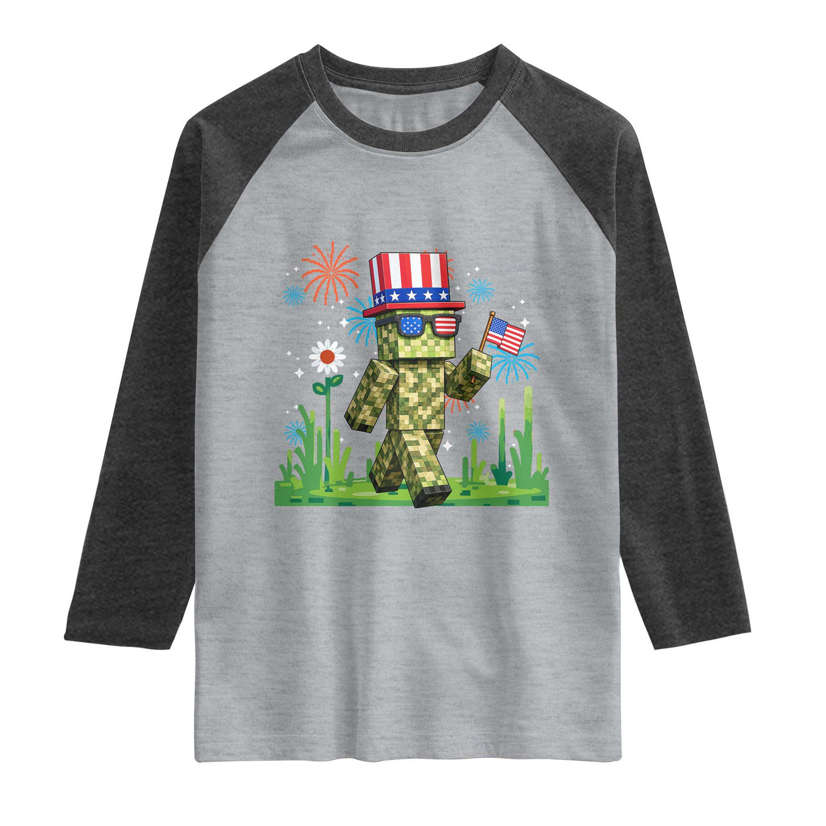 4th Of July Gamer Raglan Shirt Pixel Art US Flag Gaming