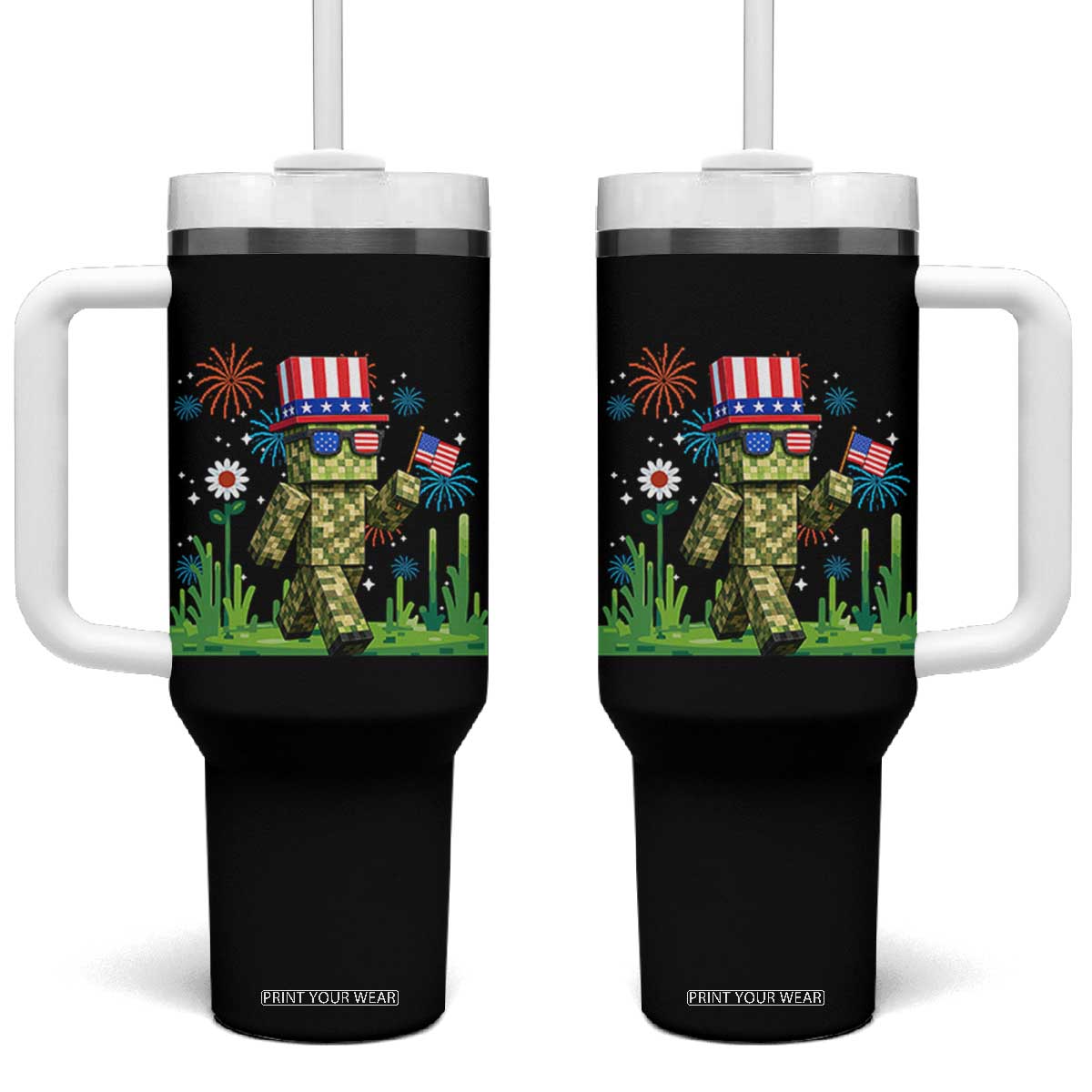4th Of July Gamer Tumbler With Handle Pixel Art US Flag Gaming