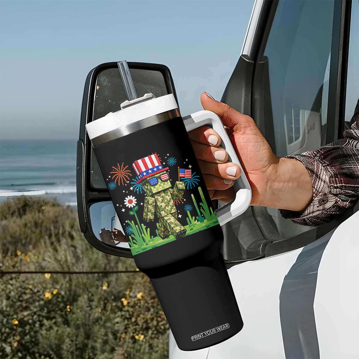 4th Of July Gamer Tumbler With Handle Pixel Art US Flag Gaming