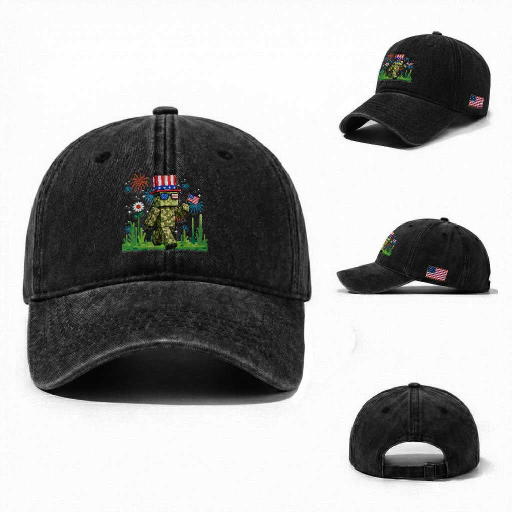 4th Of July Gamer Washed Cotton Baseball Cap Pixel Art US Flag Gaming