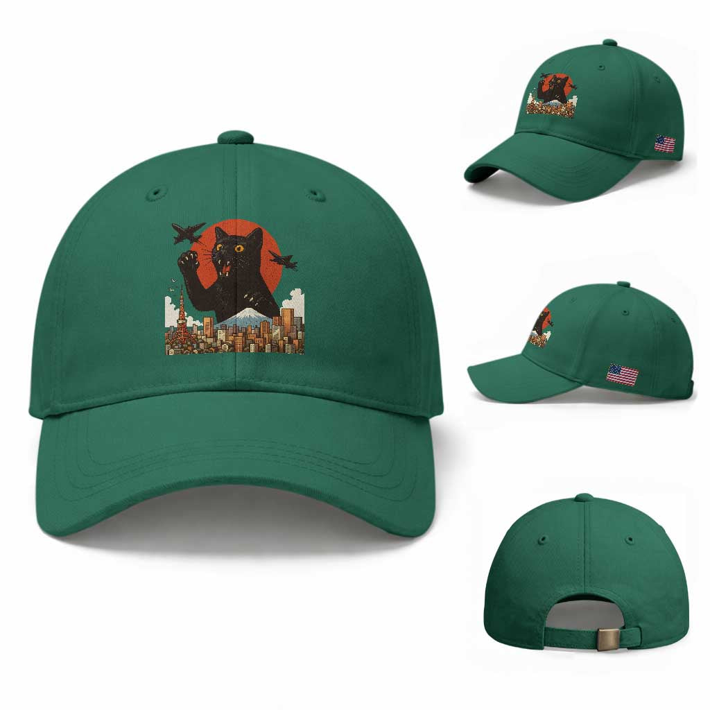 Funny Giant Cat Monster Roaring Tokyo Japan Baseball Cap TS12 Baseball Cap Universal Fit Irish Green Print Your Wear