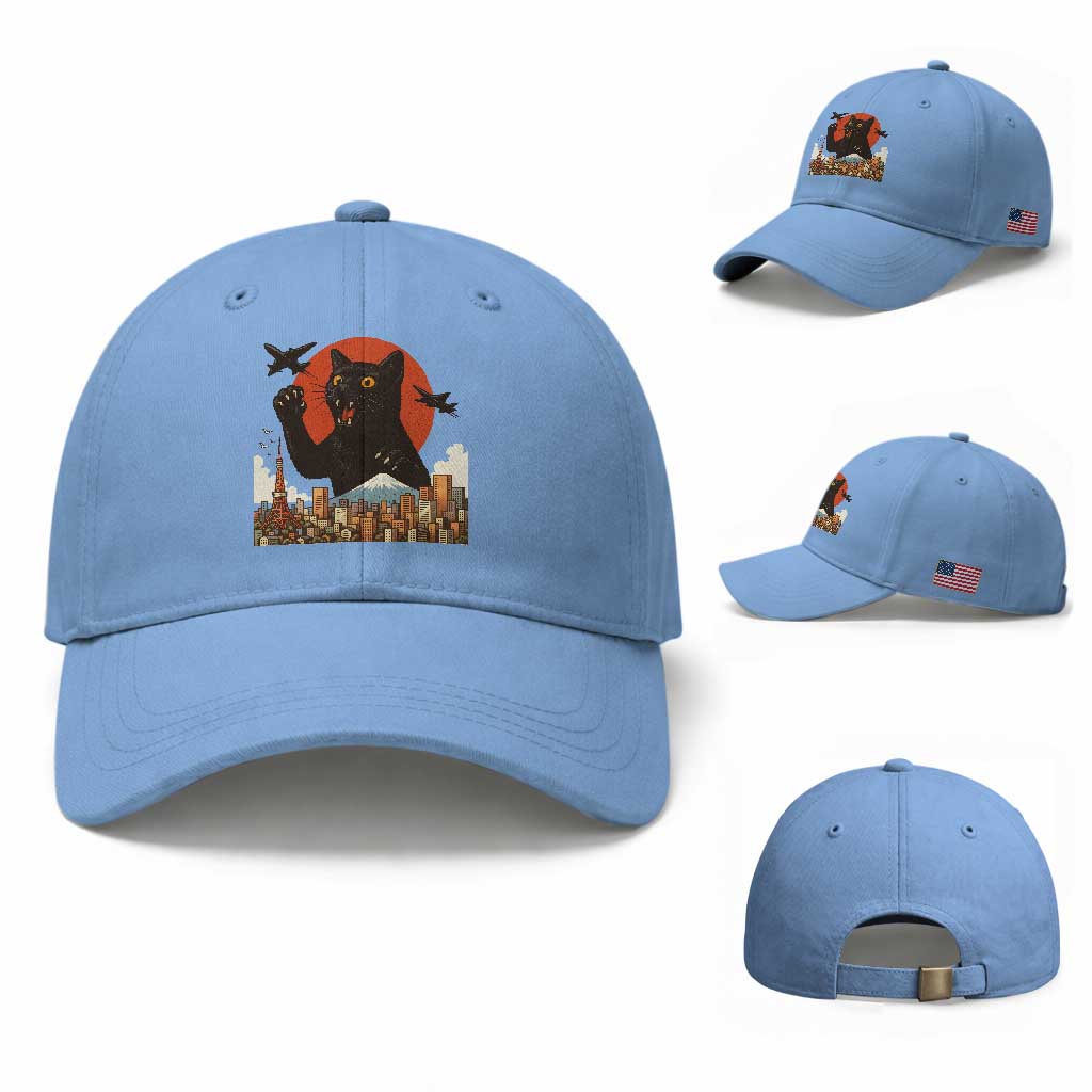 Funny Giant Cat Monster Roaring Tokyo Japan Baseball Cap TS12 Baseball Cap Universal Fit Light Blue Print Your Wear