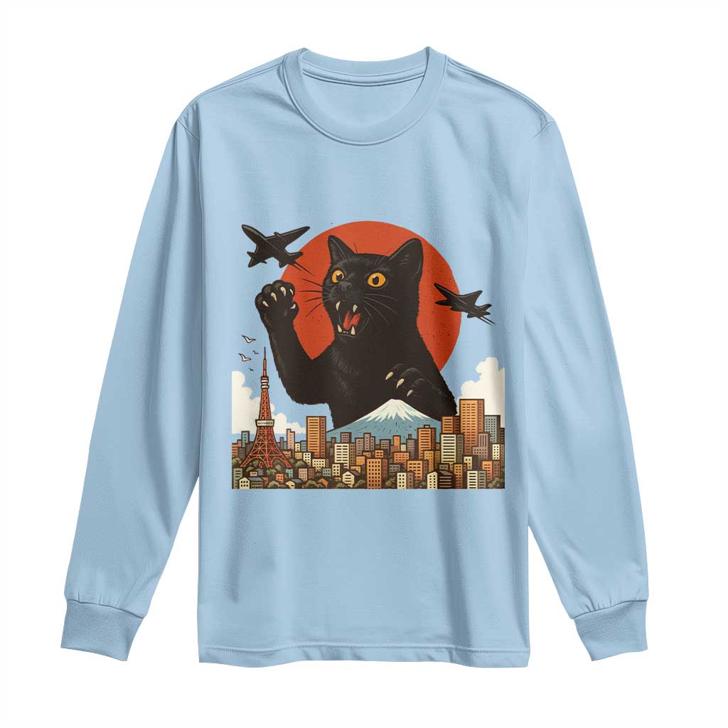 Funny Giant Cat Monster Roaring Tokyo Japan Long Sleeve Shirt TS12 Light Blue Print Your Wear