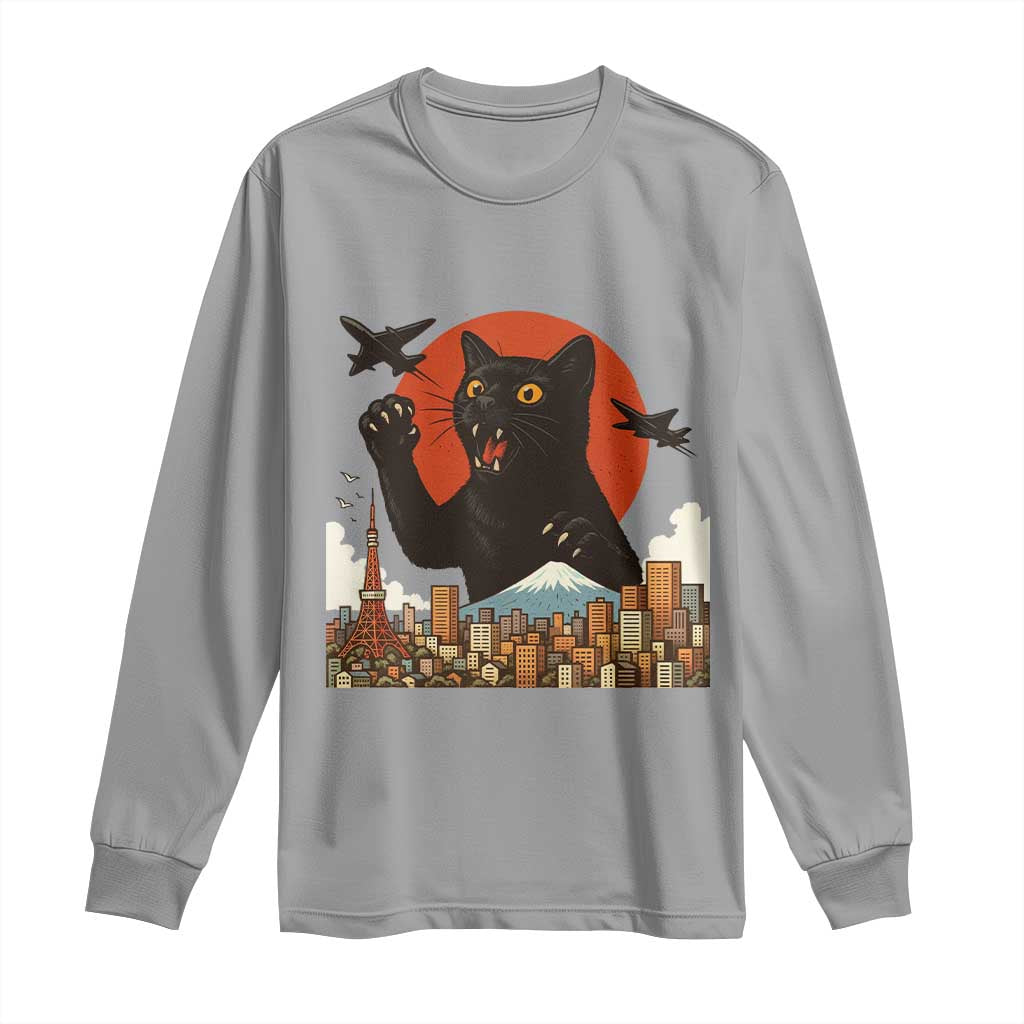 Funny Giant Cat Monster Roaring Tokyo Japan Long Sleeve Shirt TS12 Sport Gray Print Your Wear