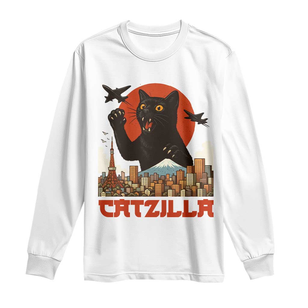 Catzilla Long Sleeve Shirt Funny Giant Cat Monster Roaring Tokyo Japan TS12 White Print Your Wear