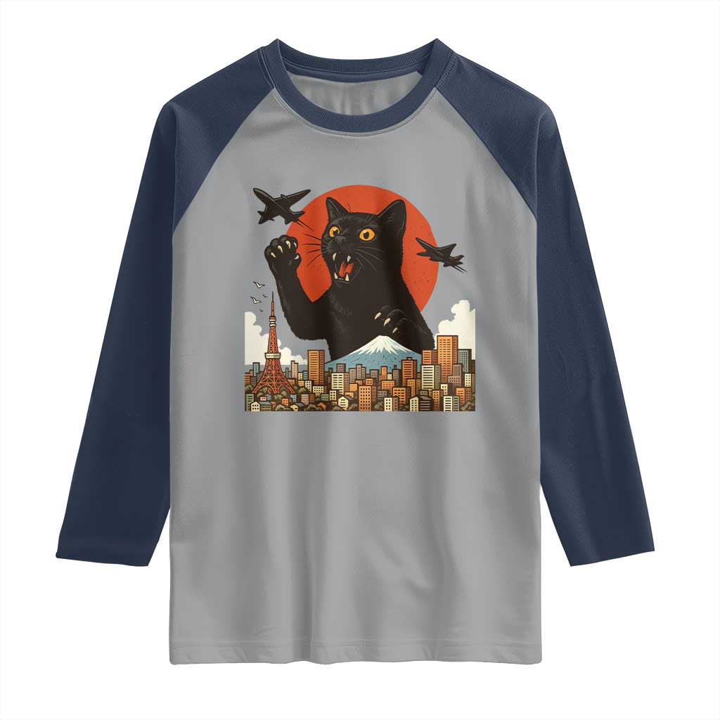 Funny Giant Cat Monster Roaring Tokyo Japan Raglan Shirt TS12 Sport Gray Navy Print Your Wear