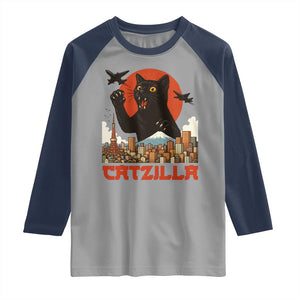 Catzilla Raglan Shirt Funny Giant Cat Monster Roaring Tokyo Japan TS12 Sport Gray Navy Print Your Wear