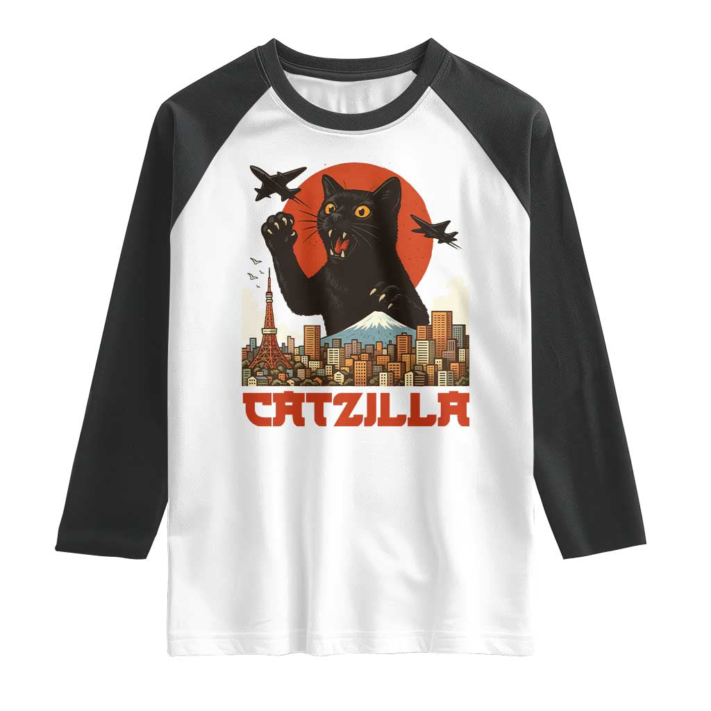Catzilla Raglan Shirt Funny Giant Cat Monster Roaring Tokyo Japan TS12 White Black Print Your Wear
