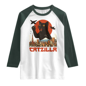 Catzilla Raglan Shirt Funny Giant Cat Monster Roaring Tokyo Japan TS12 White Dark Forest Green Print Your Wear
