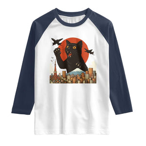 Funny Giant Cat Monster Roaring Tokyo Japan Raglan Shirt TS12 White Navy Print Your Wear