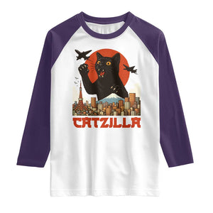 Catzilla Raglan Shirt Funny Giant Cat Monster Roaring Tokyo Japan TS12 White Purple Print Your Wear