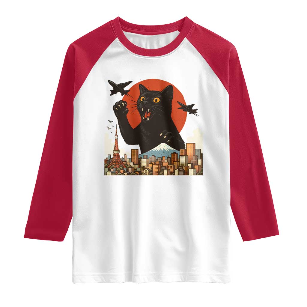 Funny Giant Cat Monster Roaring Tokyo Japan Raglan Shirt TS12 White Red Print Your Wear
