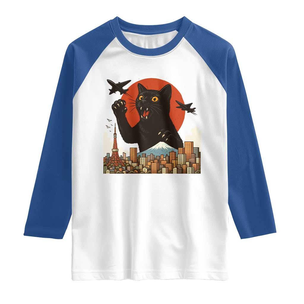 Funny Giant Cat Monster Roaring Tokyo Japan Raglan Shirt TS12 White Royal Print Your Wear