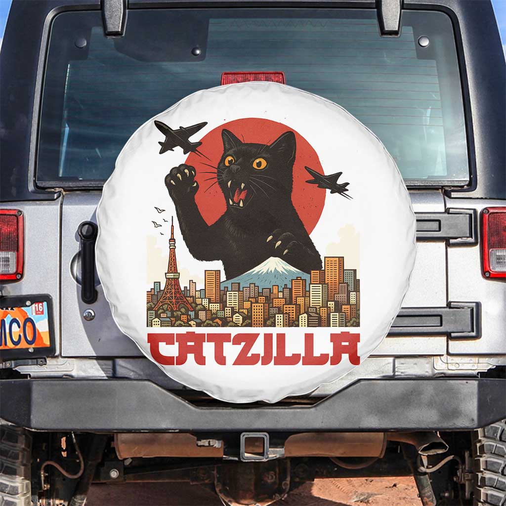 Catzilla Spare Tire Cover Funny Giant Cat Monster Roaring Tokyo Japan TS12 No hole White Print Your Wear