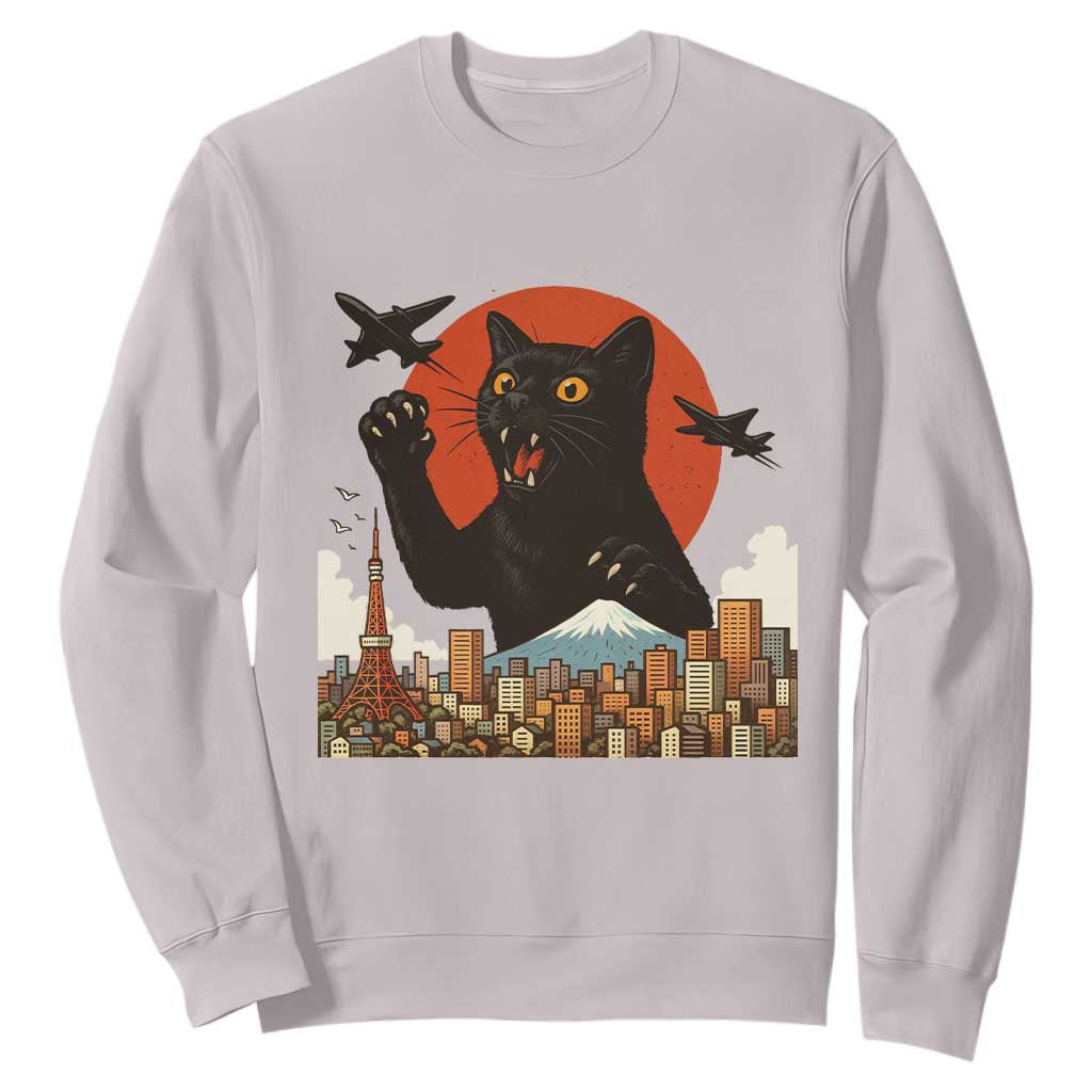 Funny Giant Cat Monster Roaring Tokyo Japan Sweatshirt TS12 Ice Gray Print Your Wear