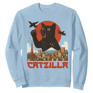 Catzilla Sweatshirt Funny Giant Cat Monster Roaring Tokyo Japan TS12 Light Blue Print Your Wear